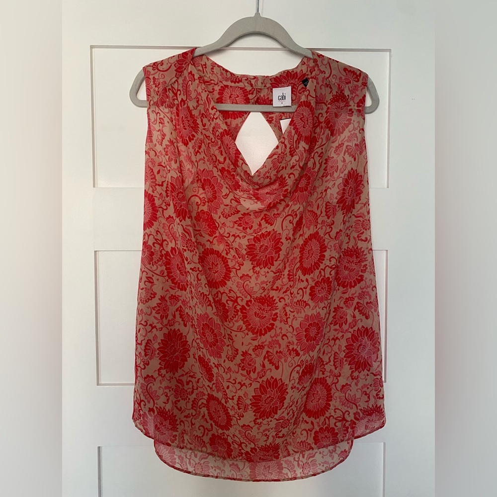 New with tags~Cabi sheer top~lovely pop of colors~peep hole in back~size S